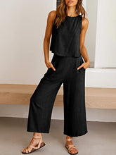 ANRABESS Women's Summer 2 Piece Outfits Sleeveless Tank Crop Button Back Top Cropped Wide Leg Pants Set Matching Lounge Set 2023 Summer Clothes 546heise-M