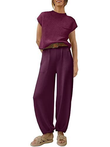 ANRABESS Women's Two Piece Outfits Sweater Sets Knit Pullover Tops and Casual Pants Tracksuit Matching Sets Loungewear 2023 Summer Fashion Clothes Sweat Suit 953qiankaqi-M Khaki White