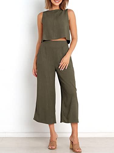 ANRABESS Women's Summer 2 Piece Outfits Sleeveless Tank Crop Button Back Top Cropped Wide Leg Pants Set Matching Lounge Set 2023 Summer Clothes 546heise-M