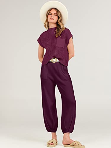 ANRABESS Women's Two Piece Outfits Sweater Sets Knit Pullover Tops and Casual Pants Tracksuit Matching Sets Loungewear 2023 Summer Fashion Clothes Sweat Suit 953qiankaqi-M Khaki White