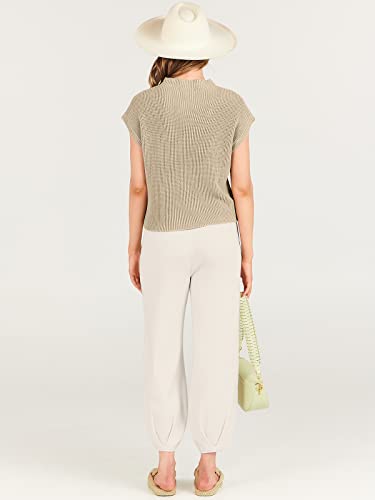 ANRABESS Women's Two Piece Outfits Sweater Sets Knit Pullover Tops and Casual Pants Tracksuit Matching Sets Loungewear 2023 Summer Fashion Clothes Sweat Suit 953qiankaqi-M Khaki White