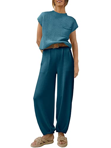 ANRABESS Women's Two Piece Outfits Sweater Sets Knit Pullover Tops and Casual Pants Tracksuit Matching Sets Loungewear 2023 Summer Fashion Clothes Sweat Suit 953qiankaqi-M Khaki White