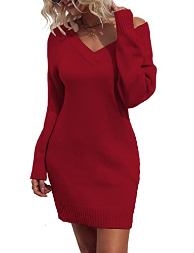 Zonsaoja Women Sweater Dress V Neck Long Sleeve Oversized Knitted Winter Dresses Apricot S