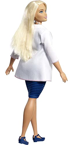 Barbie Doctor Doll, Curvy, Dressed in White Coat with Stethoscope and Blonde Hair,