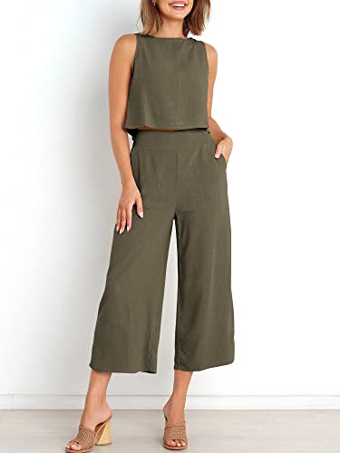 ANRABESS Women's Summer 2 Piece Outfits Sleeveless Tank Crop Button Back Top Cropped Wide Leg Pants Set Matching Lounge Set 2023 Summer Clothes 546heise-M