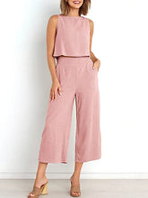 ANRABESS Women's Summer 2 Piece Outfits Sleeveless Tank Crop Button Back Top Cropped Wide Leg Pants Set Pockets