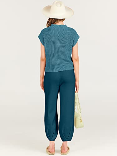 ANRABESS Women's Two Piece Outfits Sweater Sets Knit Pullover Tops and Casual Pants Tracksuit Matching Sets Loungewear 2023 Summer Fashion Clothes Sweat Suit 953qiankaqi-M Khaki White