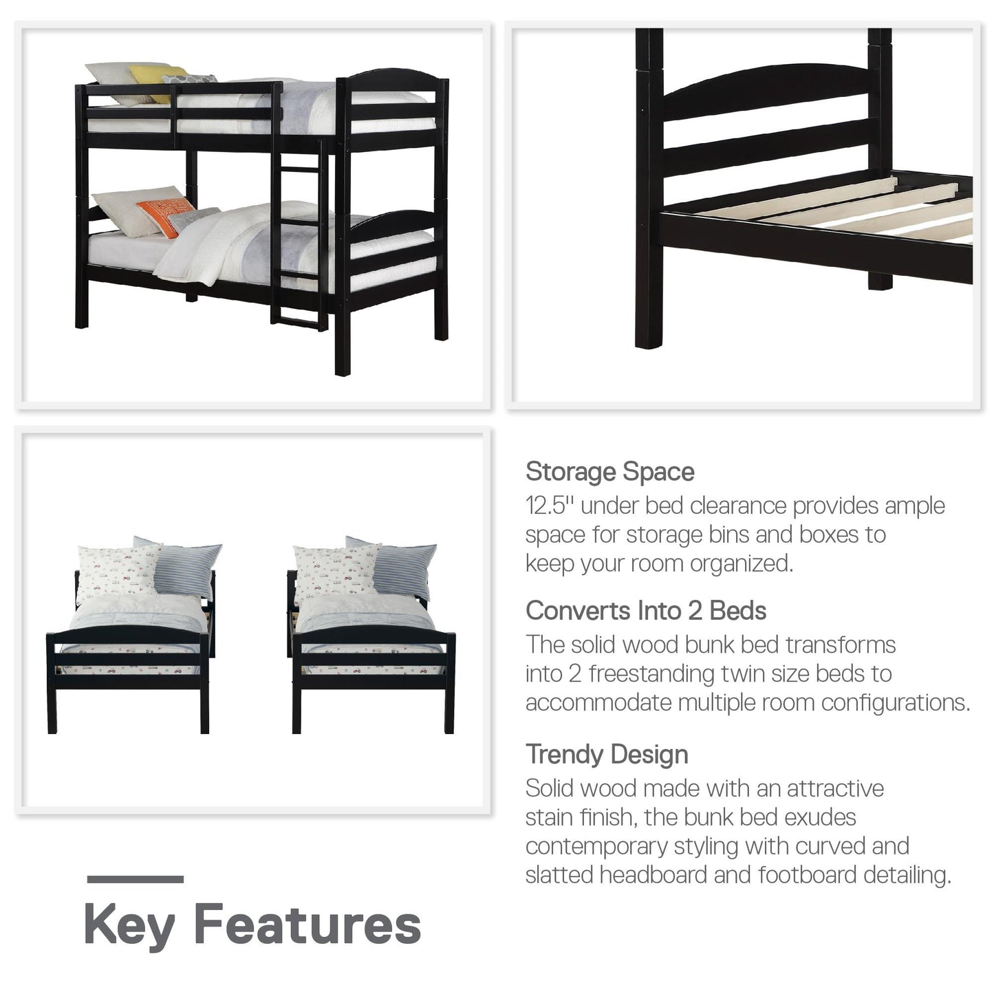 Better Homes & Gardens Leighton Wood Twin-Over-Twin Bunk Bed, Mocha