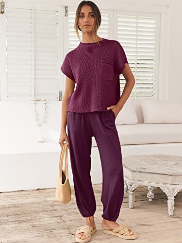 ANRABESS Women's Two Piece Outfits Sweater Sets Knit Pullover Tops and Casual Pants Tracksuit Matching Sets Loungewear 2023 Summer Fashion Clothes Sweat Suit 953qiankaqi-M Khaki White