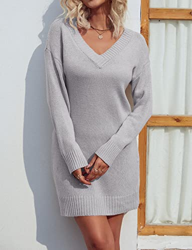 Zonsaoja Women Sweater Dress V Neck Long Sleeve Oversized Knitted Winter Dresses Apricot S