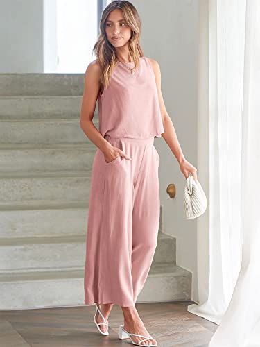 ANRABESS Women's Summer 2 Piece Outfits Sleeveless Tank Crop Button Back Top Cropped Wide Leg Pants Set Matching Lounge Set 2023 Summer Clothes 546heise-M