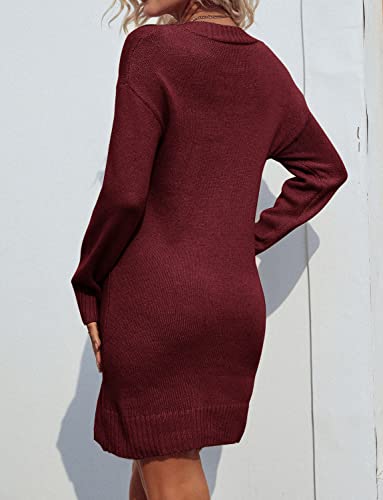 Zonsaoja Women Sweater Dress V Neck Long Sleeve Oversized Knitted Winter Dresses Apricot S