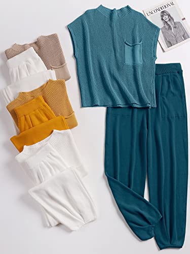 ANRABESS Women's Two Piece Outfits Sweater Sets Knit Pullover Tops and Casual Pants Tracksuit Matching Sets Loungewear 2023 Summer Fashion Clothes Sweat Suit 953qiankaqi-M Khaki White