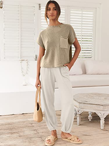 ANRABESS Women's Two Piece Outfits Sweater Sets Knit Pullover Tops and Casual Pants Tracksuit Matching Sets Loungewear 2023 Summer Fashion Clothes Sweat Suit 953qiankaqi-M Khaki White