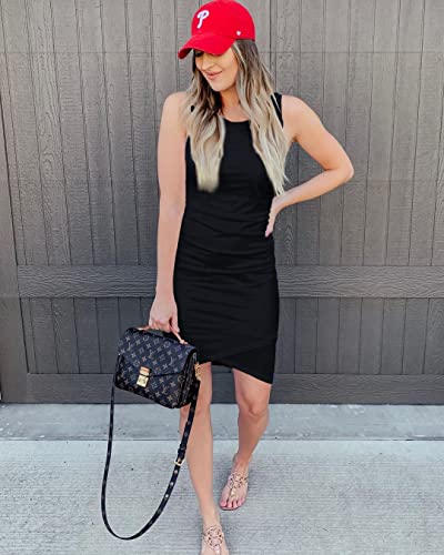 BTFBM Women Casual Dress Crew Neck Ruched Summer Sleeveless Tank Bodycon Shirt Short Mini Dresses (106Black, Medium)