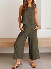 ANRABESS Women's Summer 2 Piece Outfits Sleeveless Tank Crop Button Back Top Cropped Wide Leg Pants Set Pockets