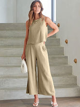ANRABESS Women's Summer 2 Piece Outfits Sleeveless Tank Crop Button Back Top Cropped Wide Leg Pants Set Pockets