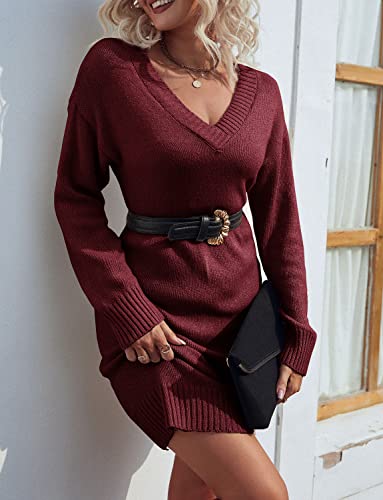 Zonsaoja Women Sweater Dress V Neck Long Sleeve Oversized Knitted Winter Dresses Apricot S
