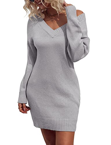 Zonsaoja Women Sweater Dress V Neck Long Sleeve Oversized Knitted Winter Dresses Apricot S