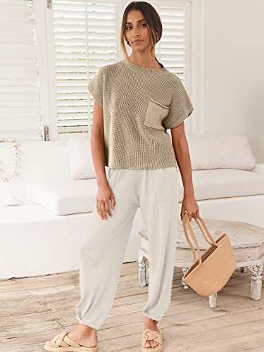 ANRABESS Women's Two Piece Outfits Sweater Sets Knit Pullover Tops and Casual Pants Tracksuit Matching Sets Loungewear 2023 Summer Fashion Clothes Sweat Suit 953qiankaqi-M Khaki White