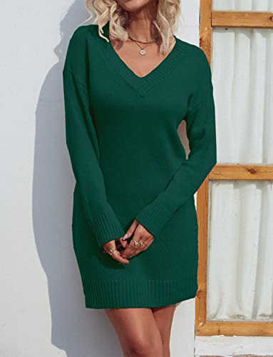 Zonsaoja Women Sweater Dress V Neck Long Sleeve Oversized Knitted Winter Dresses Apricot S