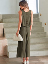 ANRABESS Women's Summer 2 Piece Outfits Sleeveless Tank Crop Button Back Top Cropped Wide Leg Pants Set Pockets