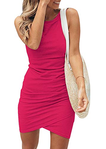 BTFBM Women Casual Dress Crew Neck Ruched Summer Sleeveless Tank Bodycon Shirt Short Mini Dresses (106Black, Medium)