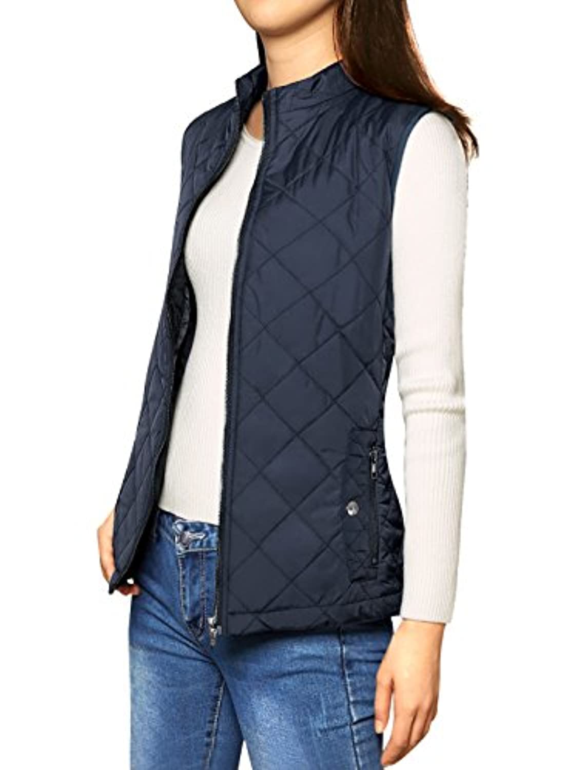 Allegra K Women's Stand Collar Lightweight Gilet Quilted Zip Vest