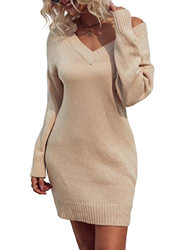 Zonsaoja Women Sweater Dress V Neck Long Sleeve Oversized Knitted Winter Dresses Apricot S