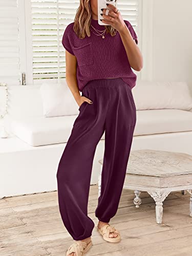 ANRABESS Women's Two Piece Outfits Sweater Sets Knit Pullover Tops and Casual Pants Tracksuit Matching Sets Loungewear 2023 Summer Fashion Clothes Sweat Suit 953qiankaqi-M Khaki White