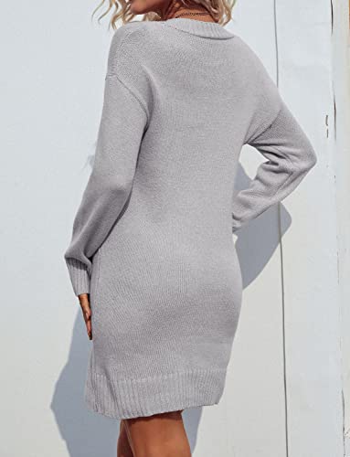 Zonsaoja Women Sweater Dress V Neck Long Sleeve Oversized Knitted Winter Dresses Apricot S
