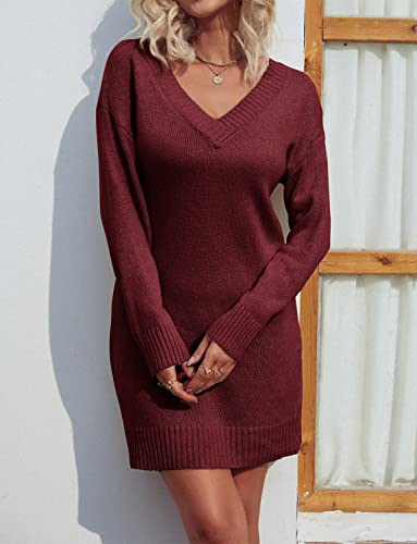 Zonsaoja Women Sweater Dress V Neck Long Sleeve Oversized Knitted Winter Dresses Apricot S