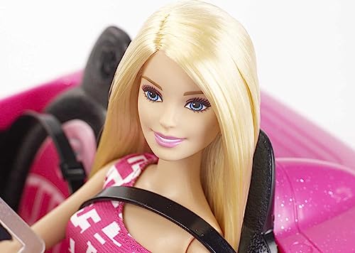 Barbie Car and Doll Set, Sparkly Pink 2-Seater Convertible with Glam Detaiils