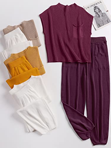 ANRABESS Women's Two Piece Outfits Sweater Sets Knit Pullover Tops and Casual Pants Tracksuit Matching Sets Loungewear 2023 Summer Fashion Clothes Sweat Suit 953qiankaqi-M Khaki White