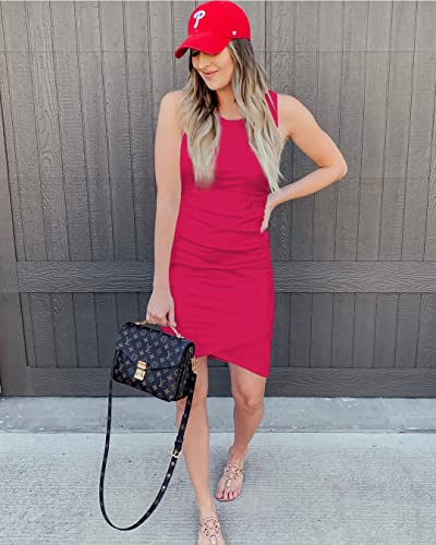 BTFBM Women Casual Dress Crew Neck Ruched Summer Sleeveless Tank Bodycon Shirt Short Mini Dresses (106Black, Medium)