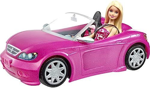 Barbie Car and Doll Set, Sparkly Pink 2-Seater Convertible with Glam Detaiils