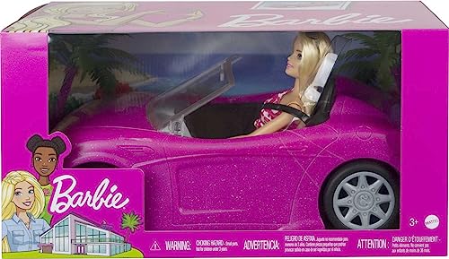 Barbie Car and Doll Set, Sparkly Pink 2-Seater Convertible with Glam Detaiils