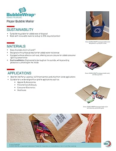 Bubble Wrap Paper Bubble Mailers, 0-6"x10", 400 Cushioned Envelopes Per Case, Up to 35% Recycled Content, Self-Sealing, Curbside Recyclable, Brown