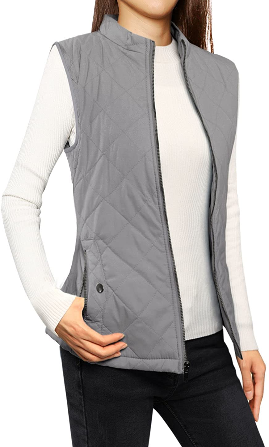 Allegra K Women's Stand Collar Lightweight Gilet Quilted Zip Vest