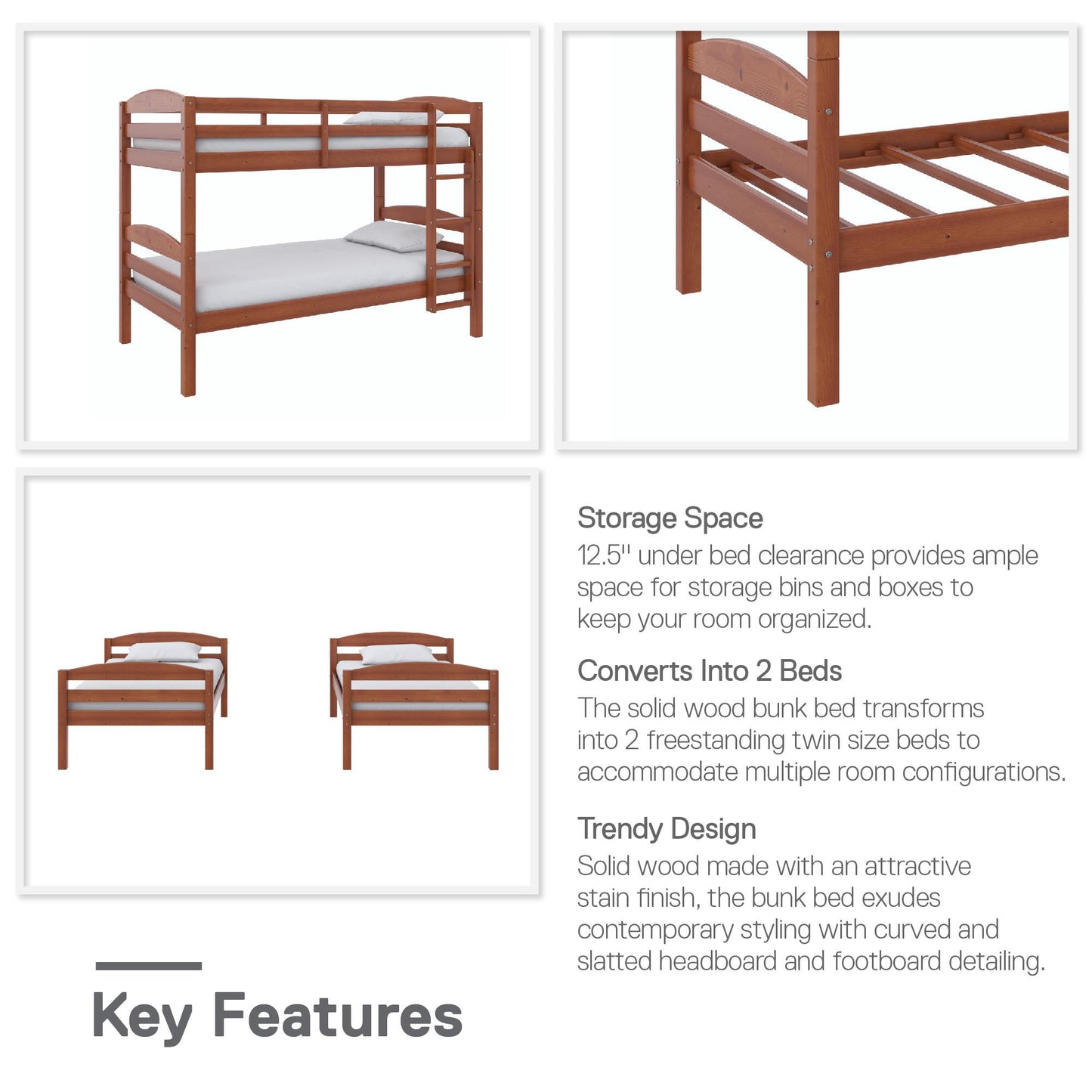 Better Homes & Gardens Leighton Wood Twin-Over-Twin Bunk Bed, Mocha