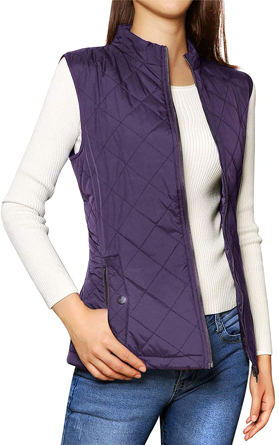 Allegra K Women's Stand Collar Lightweight Gilet Quilted Zip Vest