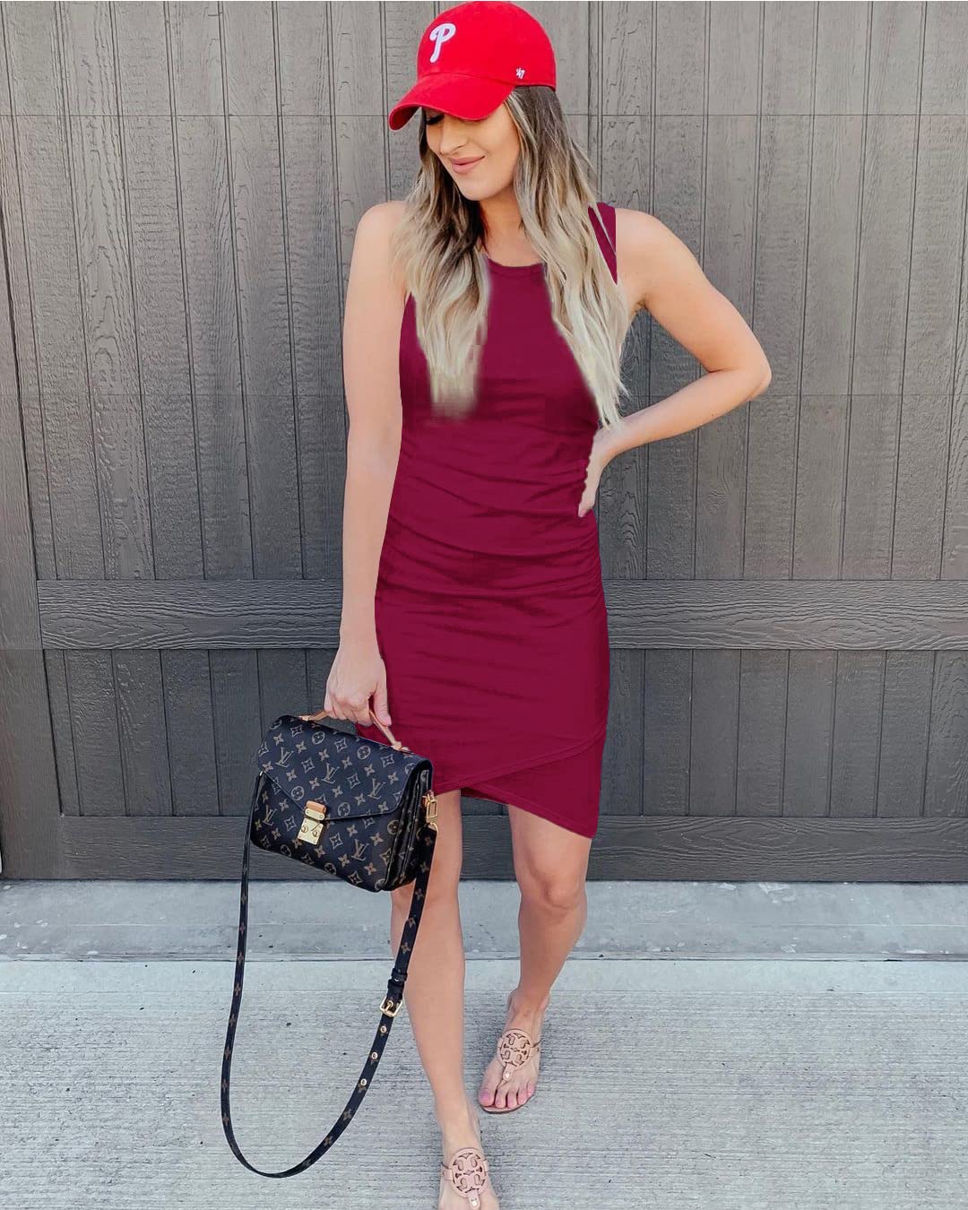 BTFBM Women Casual Dress Crew Neck Ruched Summer Sleeveless Tank Bodycon Shirt Short Mini Dresses (106Black, Medium)