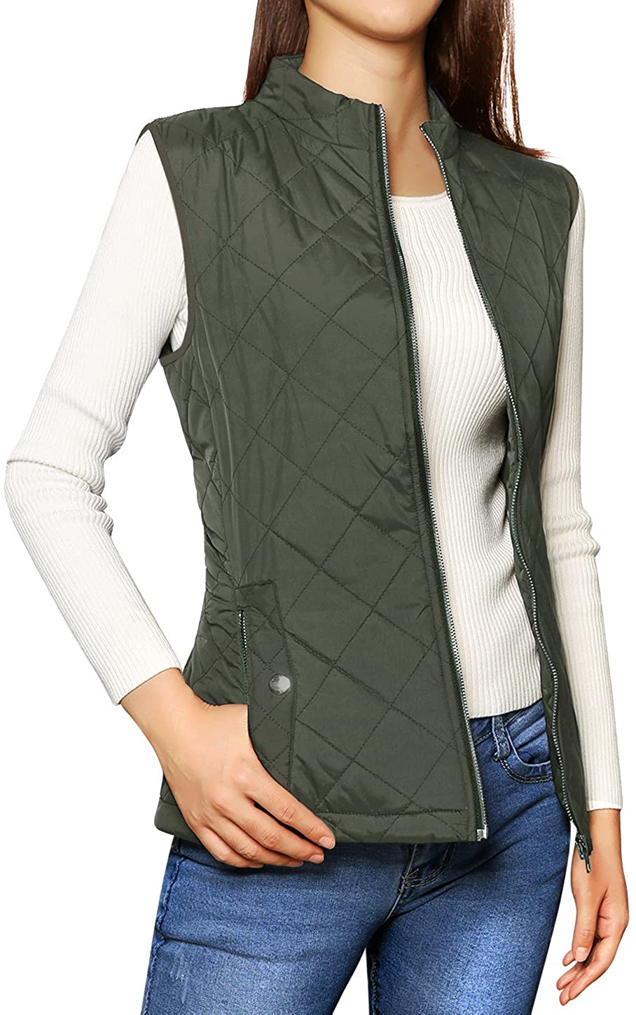 Allegra K Women's Stand Collar Lightweight Gilet Quilted Zip Vest