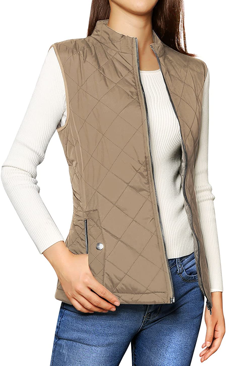 Allegra K Women's Stand Collar Lightweight Gilet Quilted Zip Vest