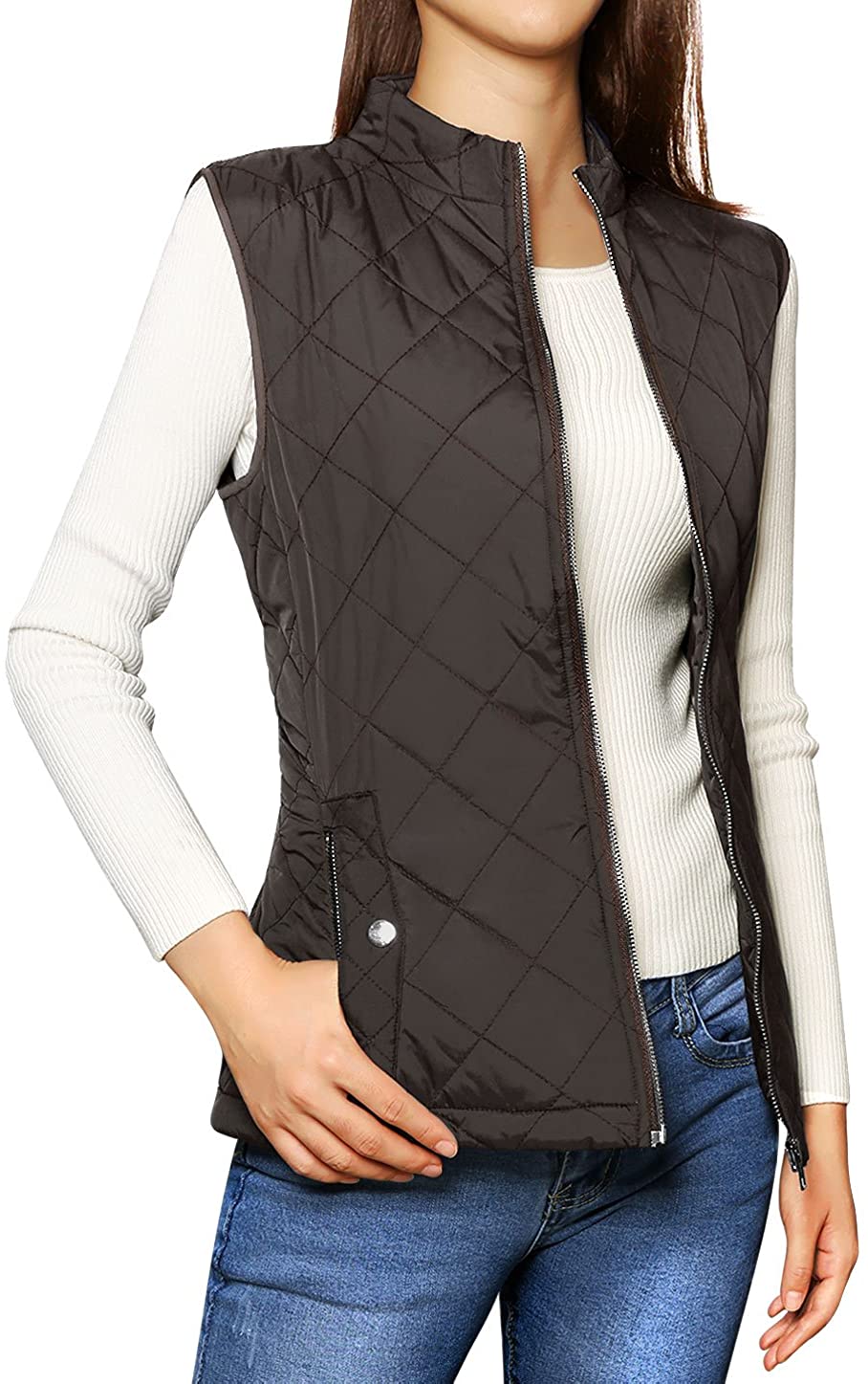 Allegra K Women's Stand Collar Lightweight Gilet Quilted Zip Vest
