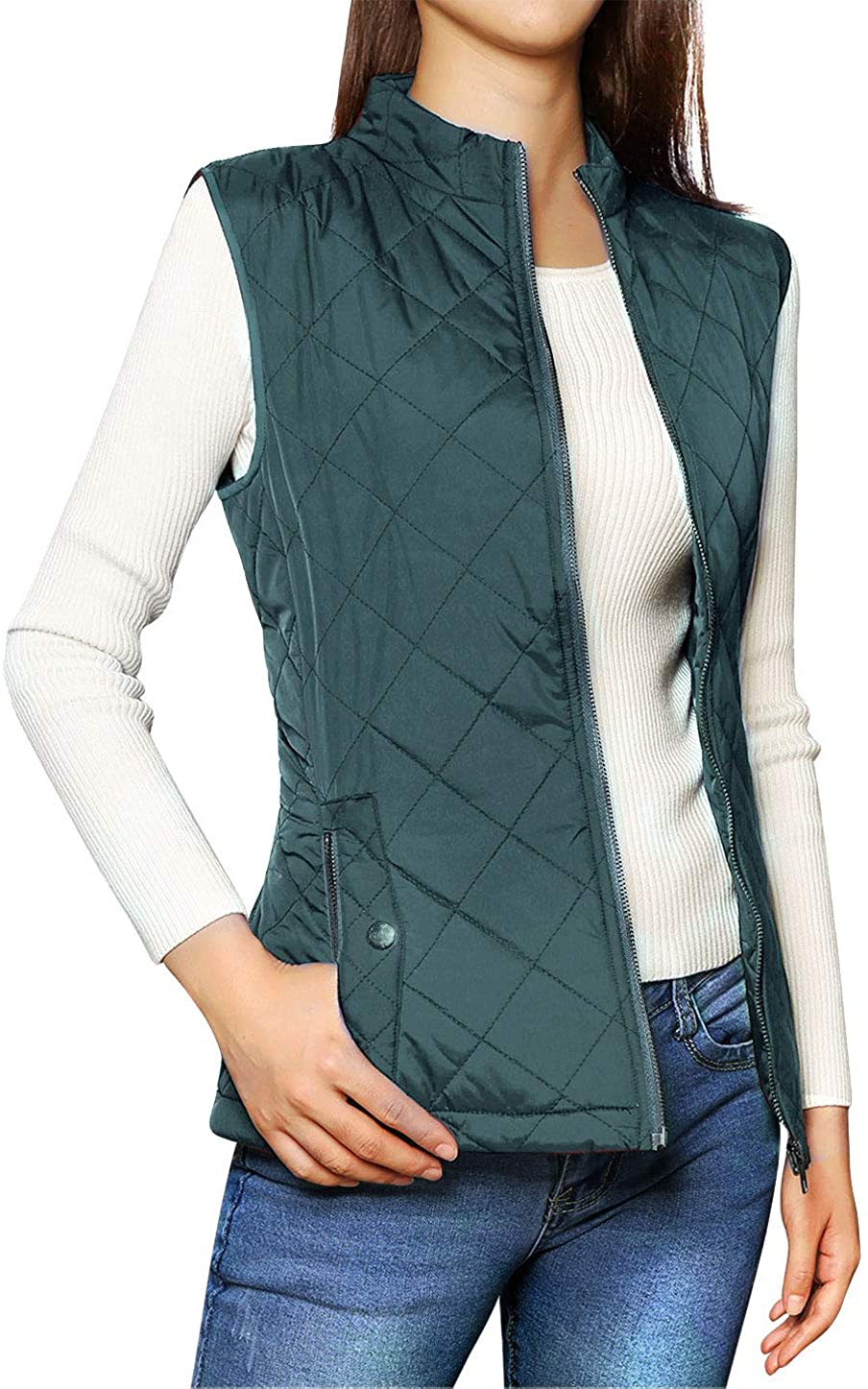 Allegra K Women's Stand Collar Lightweight Gilet Quilted Zip Vest