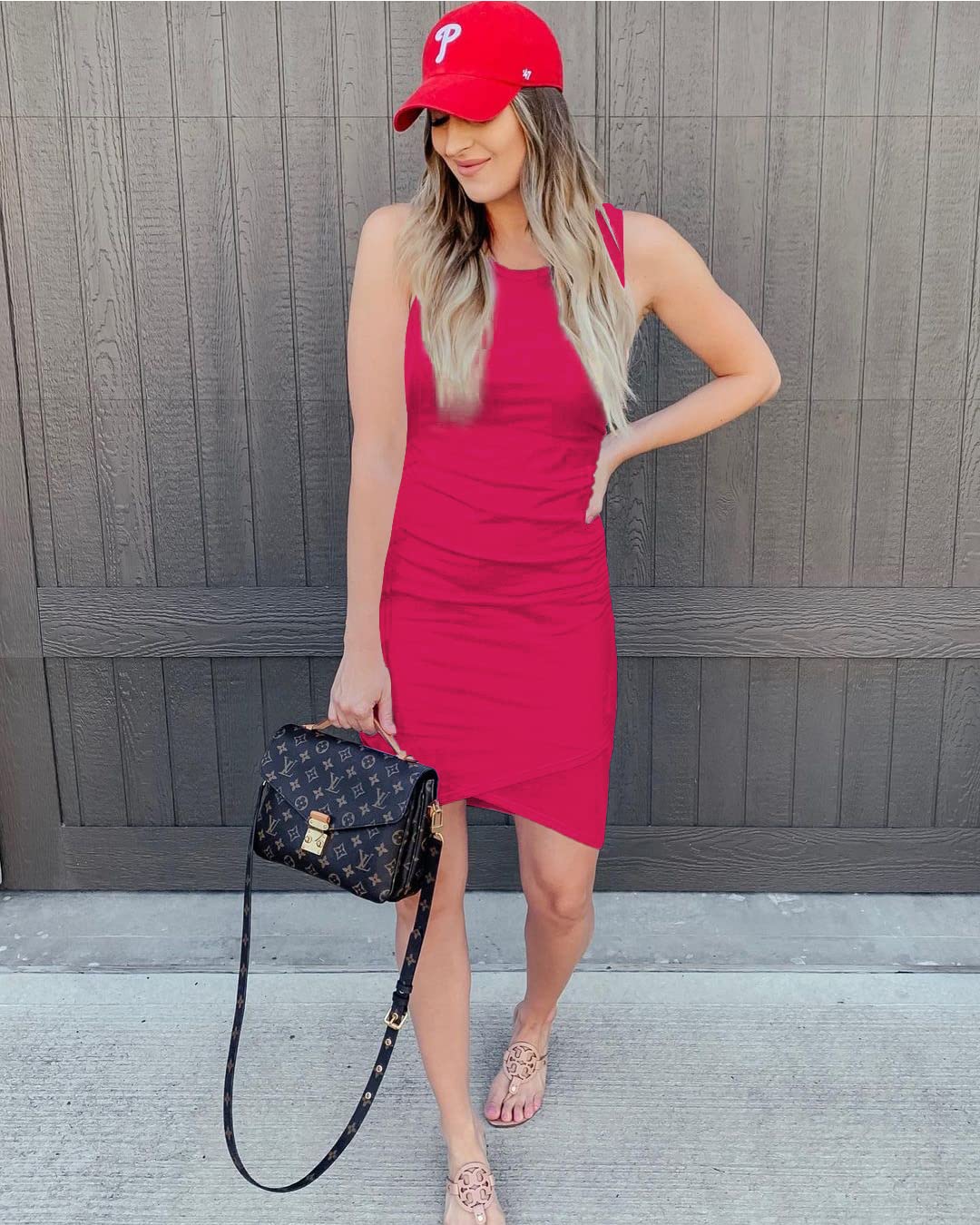 BTFBM Women Casual Dress Crew Neck Ruched Summer Sleeveless Tank Bodycon Shirt Short Mini Dresses (106Black, Medium)