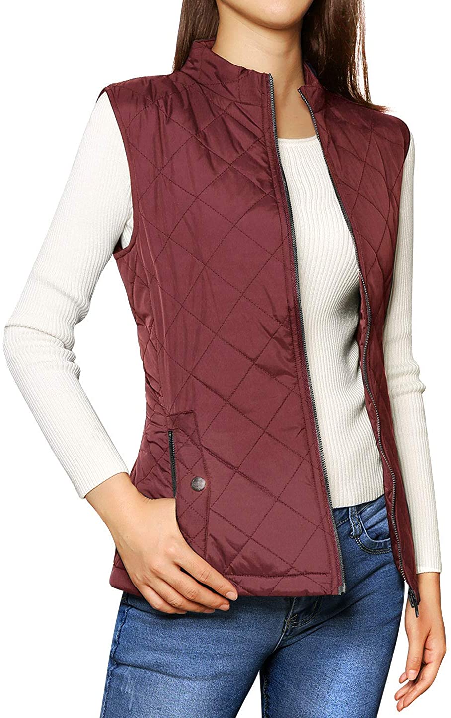 Allegra K Women's Stand Collar Lightweight Gilet Quilted Zip Vest