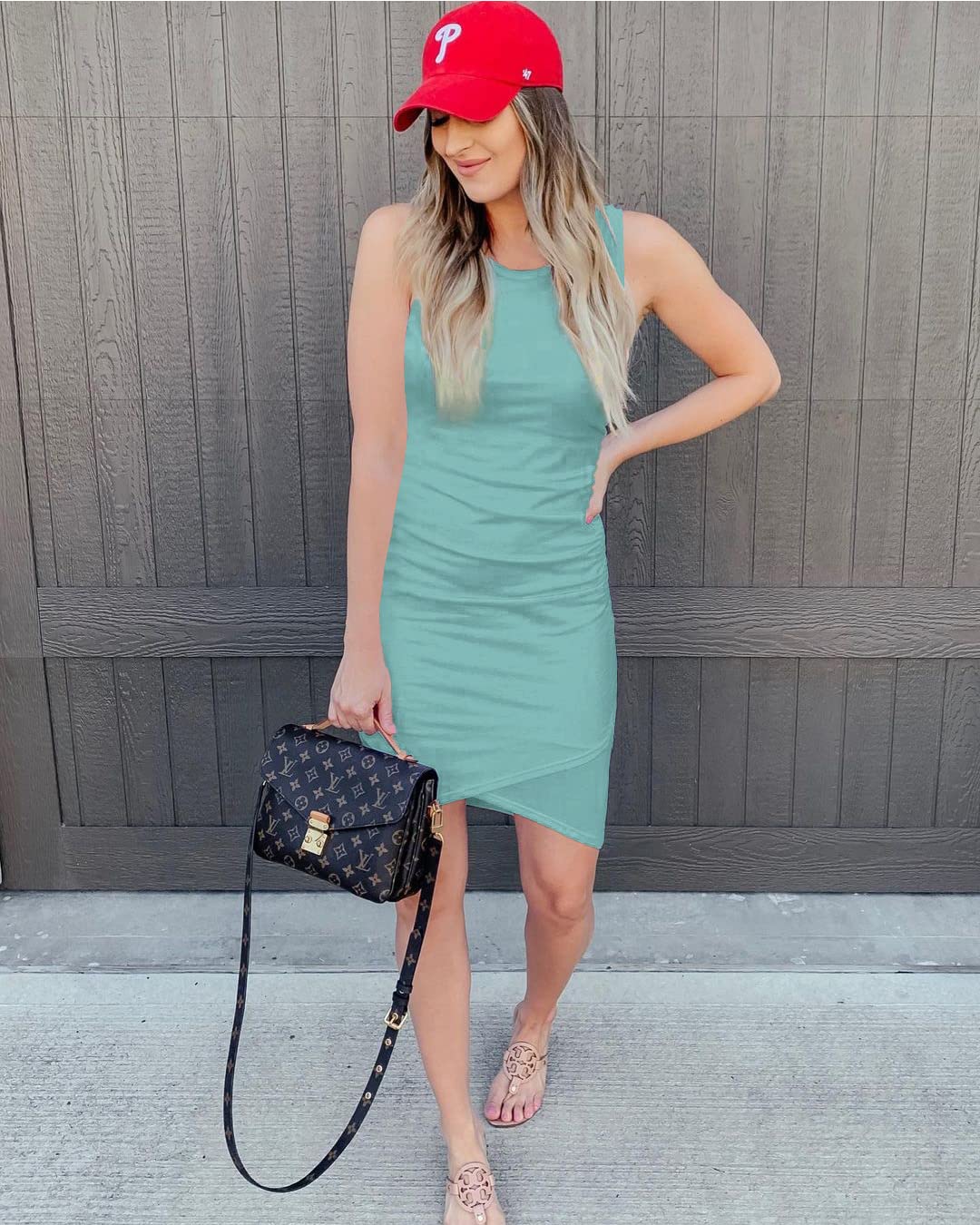 BTFBM Women Casual Dress Crew Neck Ruched Summer Sleeveless Tank Bodycon Shirt Short Mini Dresses (106Black, Medium)