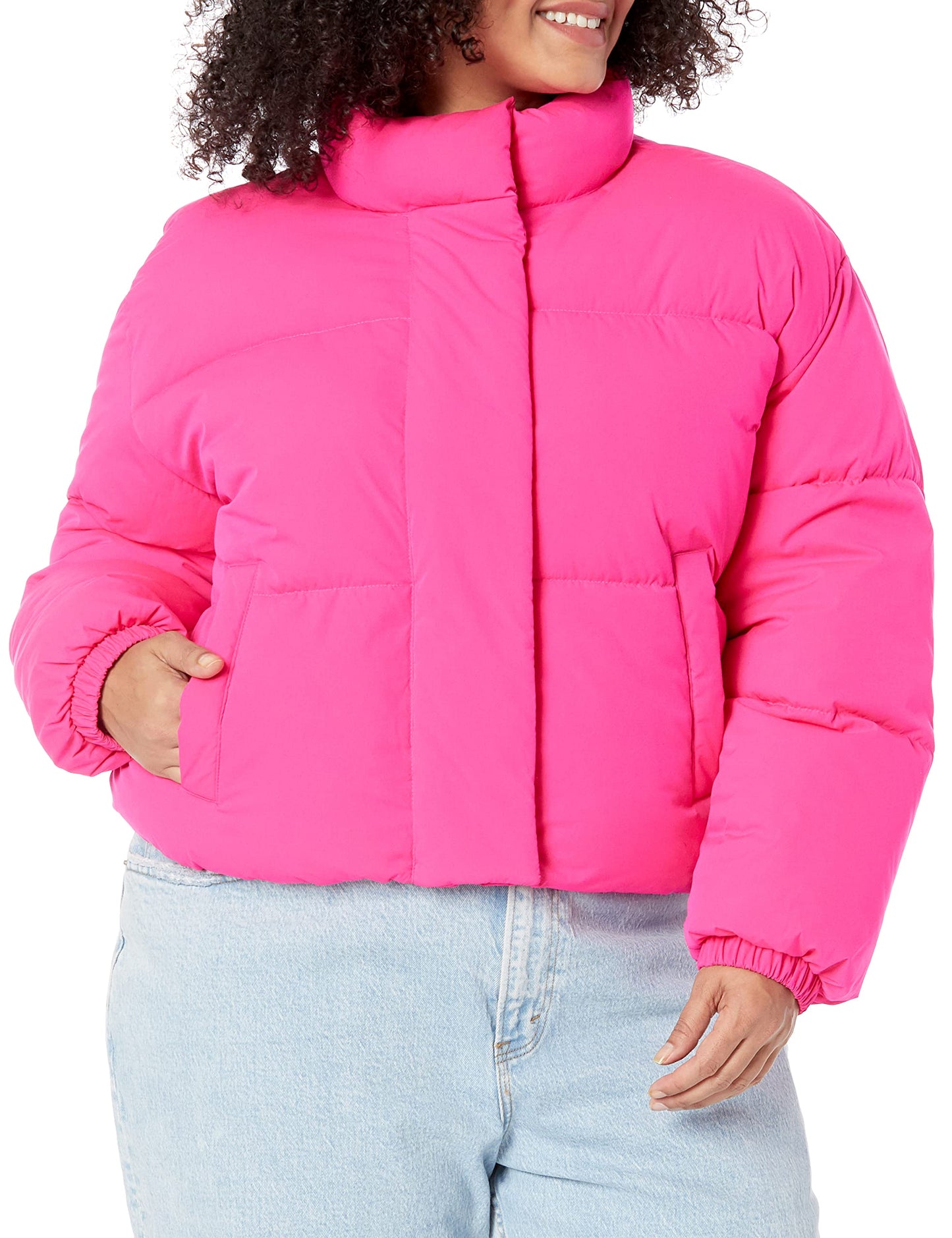 Amazon Essentials Women's Crop Puffer Jacket (Available in Plus Size), Neon Pink, 4X